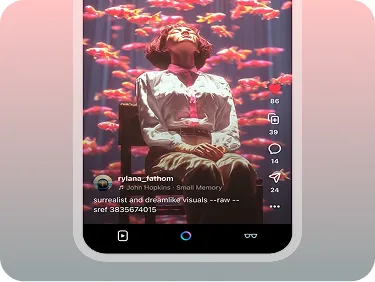 The lower half of a phone displaying a woman sitting on a chair and looking upward with her eyes closed.